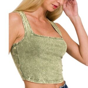 NEW ZENANA WASHED COTTON SQUARE NECK CROPPED CAMI TOP OLIVE GREEN S, M, L